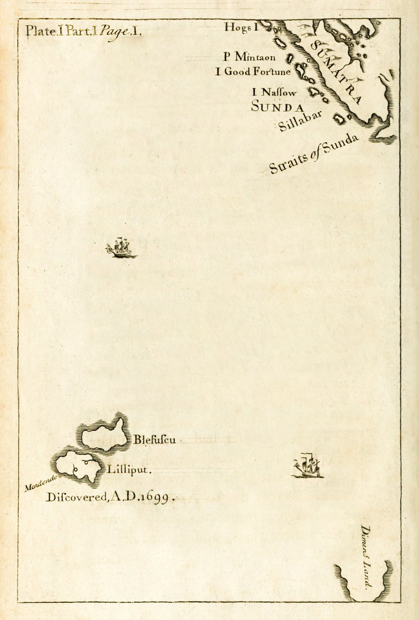 Kaart met de locatie van Lilliput uit de eerste editie van Reizen naar verschillende afgelegen landen van de wereld, beter bekend als Gullivers Reizen door Jonathan Swift door English School
