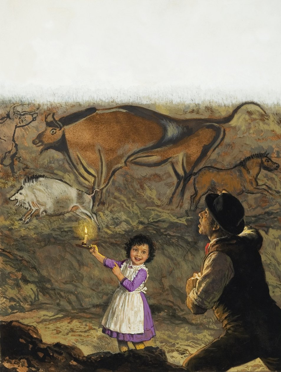 Marcelino Sanz de Sautuola (1831-88) en zijn dochter Maria ontdekken de grotschilderingen in Altamira (gouache op papier) door English School
