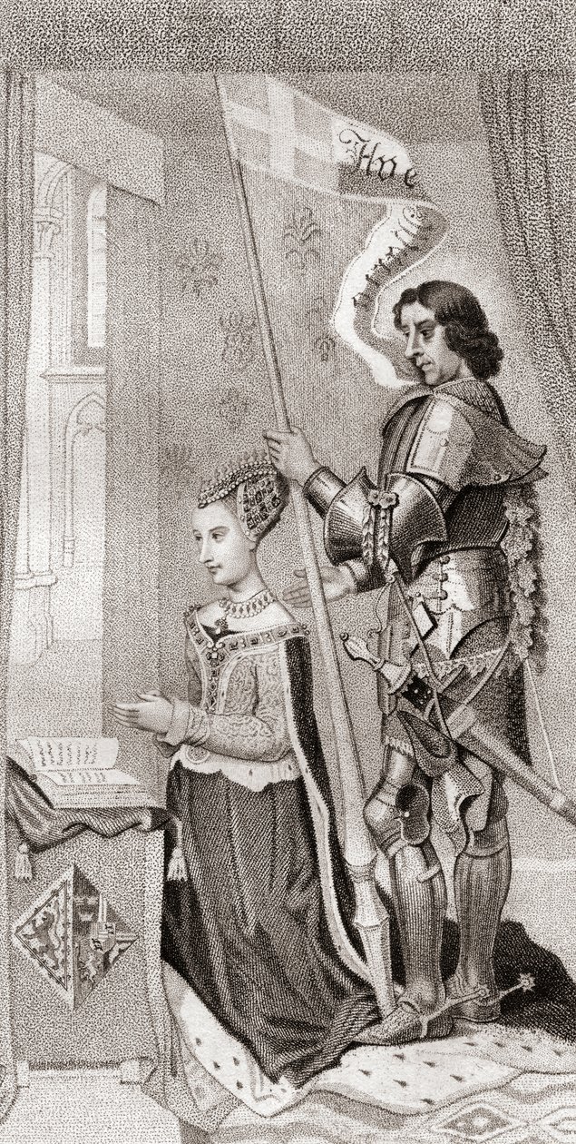 Margaretha van Denemarken met St. Canute, patroonheilige van Denemarken, achter haar met een banier met het kruis van de kruistochten door English School