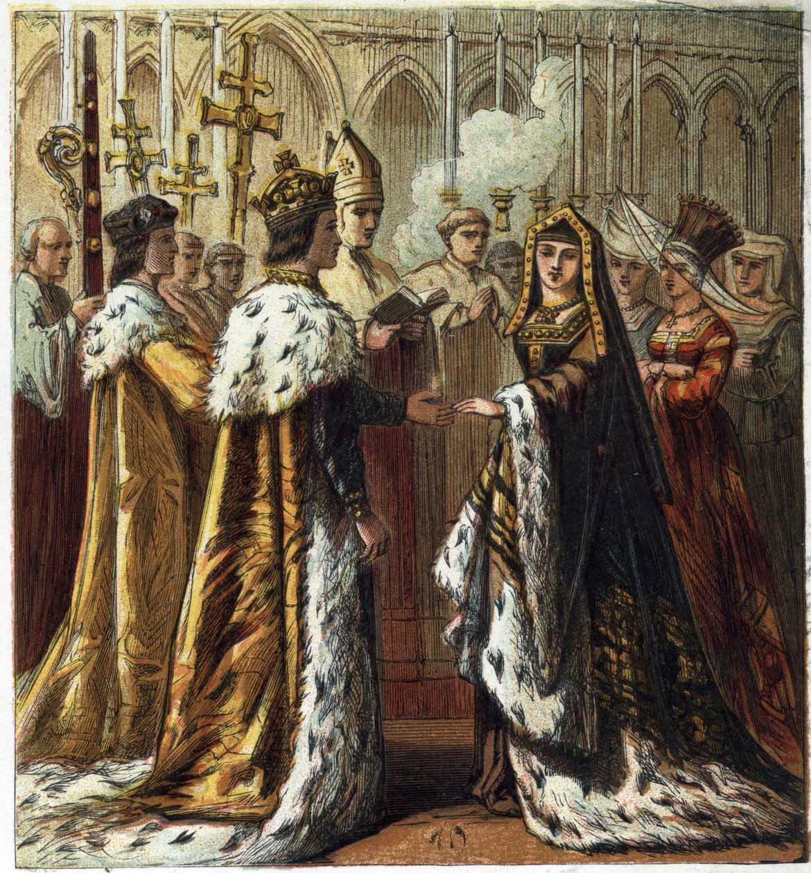 Huwelijk van Hendrik VII, koning van Engeland (1457-1509) met Elizabeth van York (1466-1503) op 18 januari 1486. Huwelijk van Hendrik de Zevende en Elizabeth van York. Chromolithografie in 