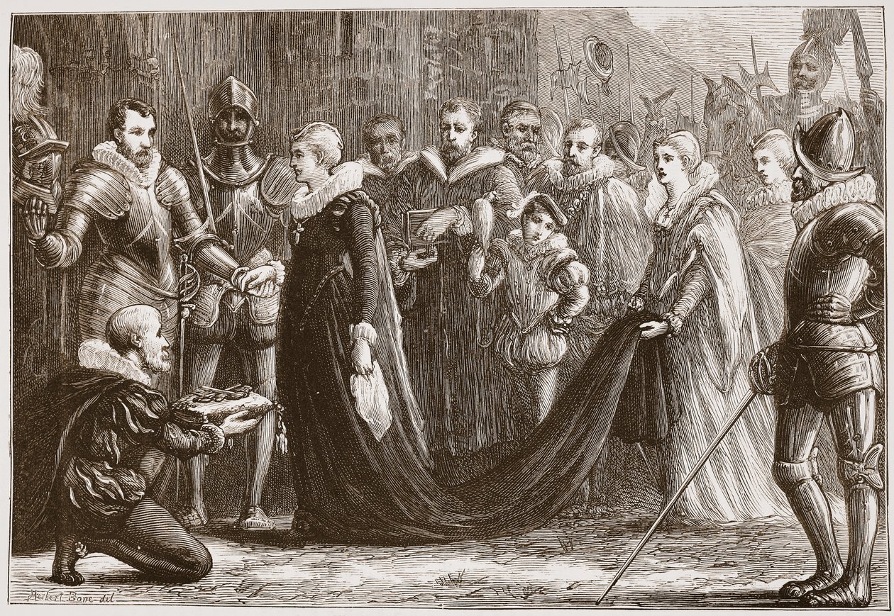 Mary Queen of Scots betreedt Holyrood, illustratie uit De Geschiedenis van het Protestantisme door James Aitken Wylie, 1878 door English School