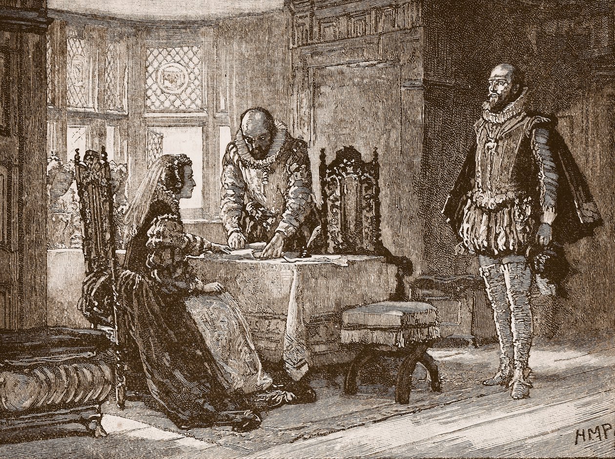 Mary ondertekent de akte van troonsafstand in Lochleven Castle, illustratie uit Cassells Geïllustreerde Geschiedenis van Engeland door English School