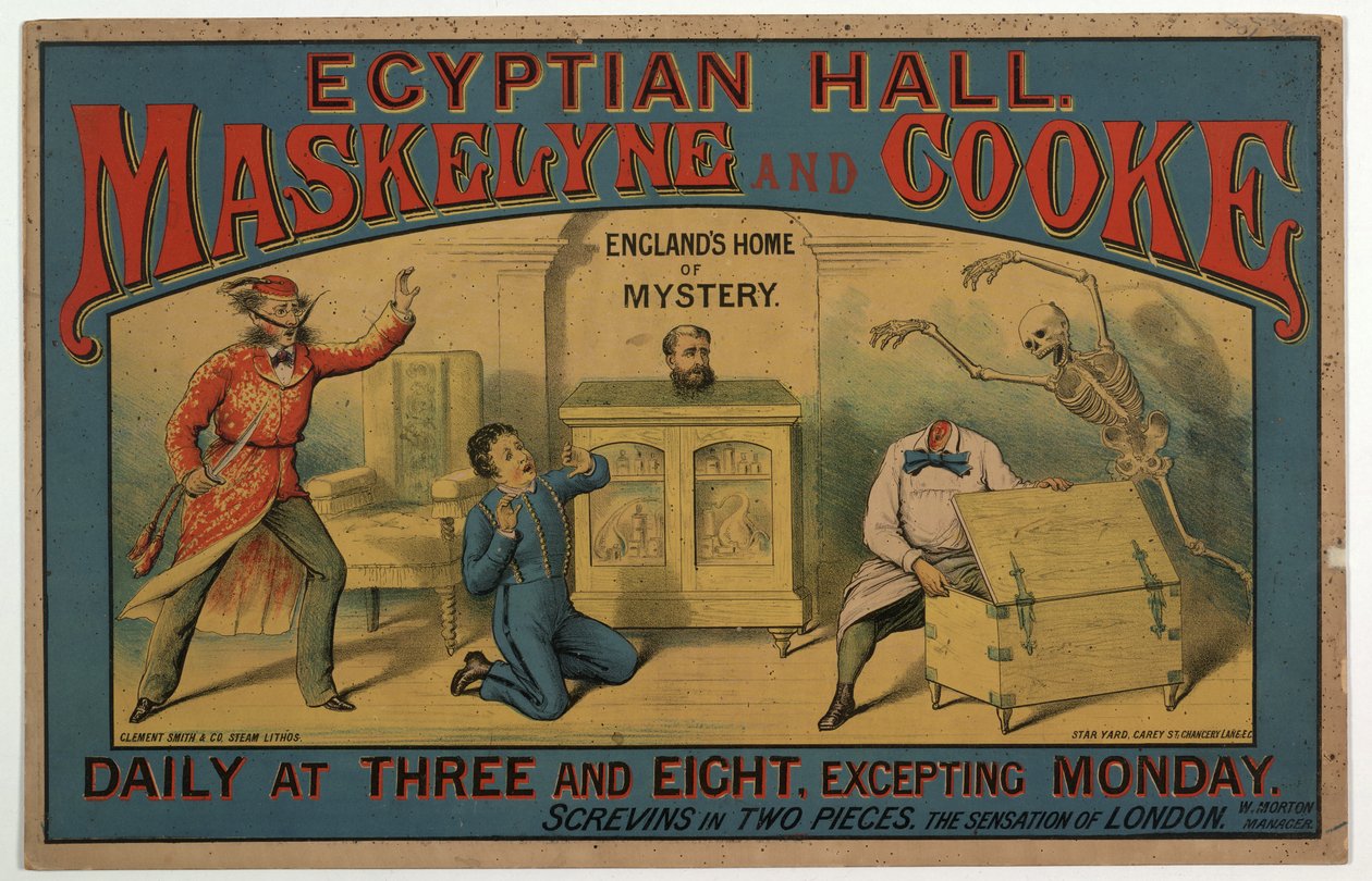 Maskelyne & Cooke in de Egyptische Hal ca.1880 (kleur litho) door English School
