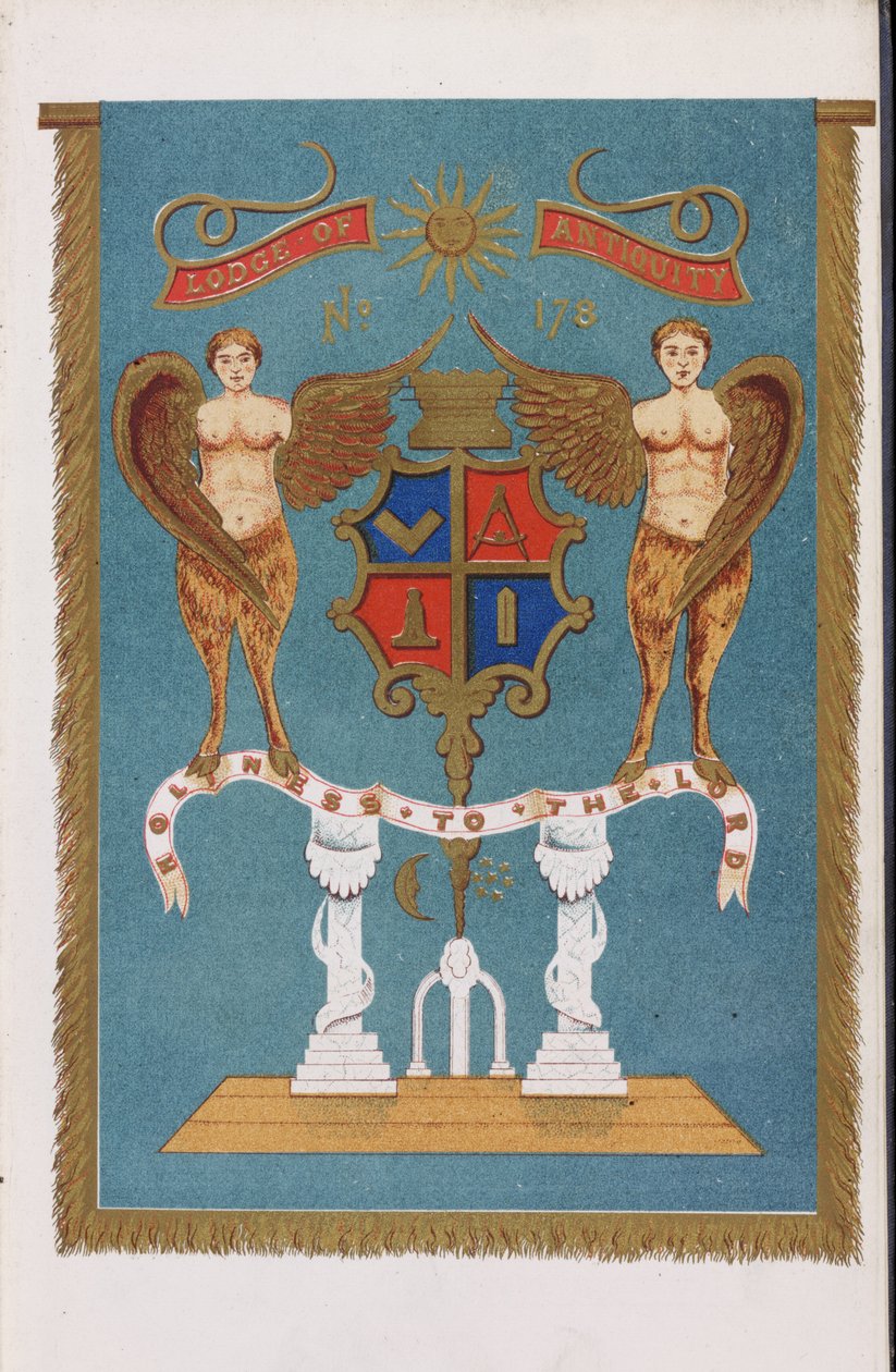 Embleem van de vrijmetselaarsloge met wapenschild en engelen door English School