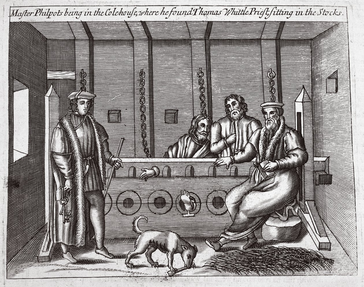 Meester Philpots in het Colehouse, waar hij Thomas Whittle, priester, in de boeien vond, illustratie uit Handelingen en Monumenten van John Foxe, negende editie, uitgegeven 1684 door English School