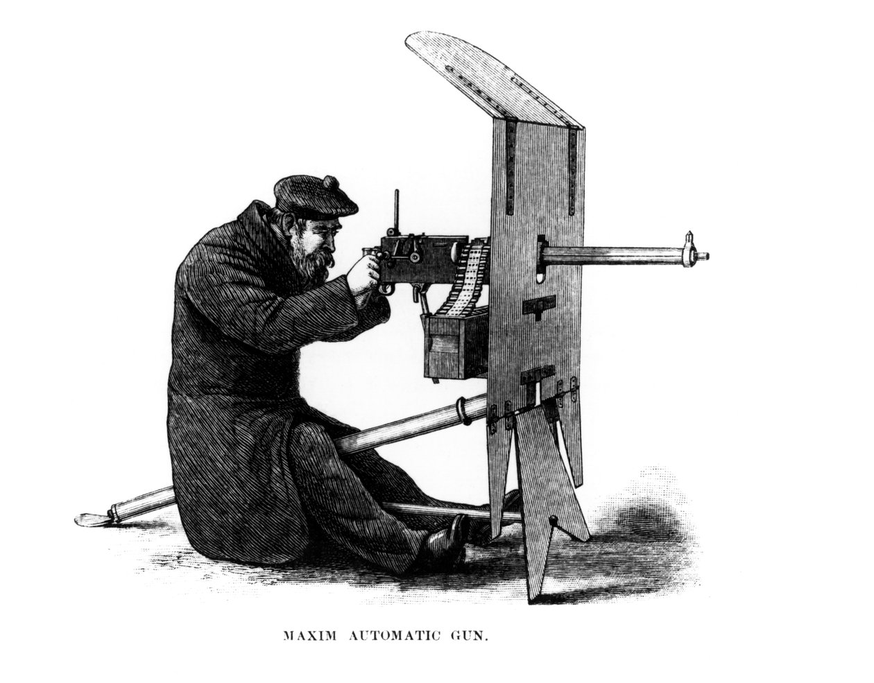 Maxim Automatisch Geweer, een terugslag-geopereerd machinegeweer gepatenteerd door Hiram Stevens Maxim (1840-1916) in 1882 door English School
