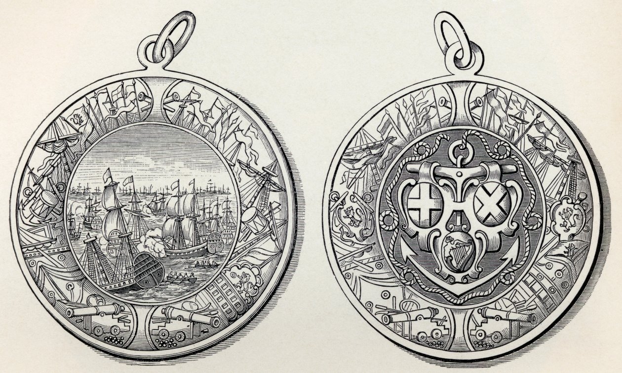 Medaille ter herdenking van admiraal Robert Blakes overwinningen op de Nederlanders in 1653, uit A Short History of the English People door J. R. Green, gepubliceerd 1893 door English School