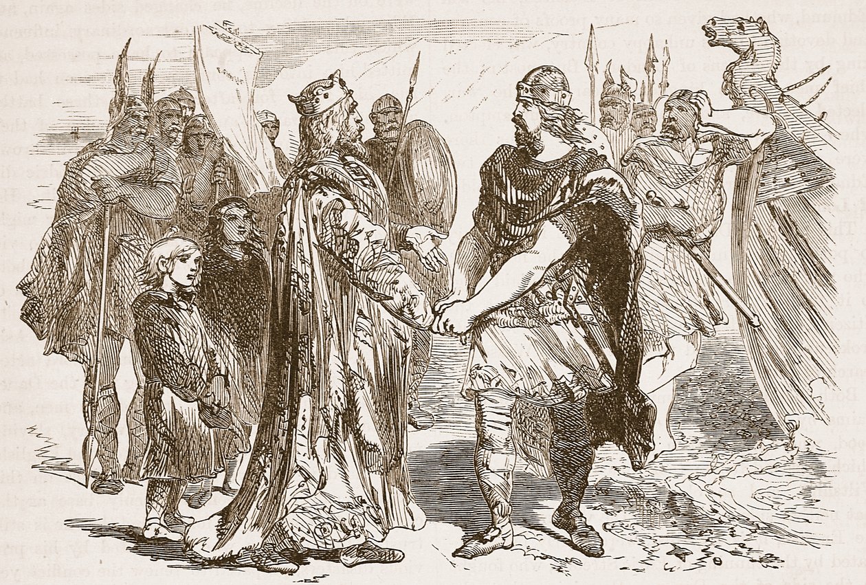 Bijeenkomst van Edmund Ironside en Canute op het eiland Alney in de Severn in 1016, illustratie uit Cassells Illustrated History of England door English School