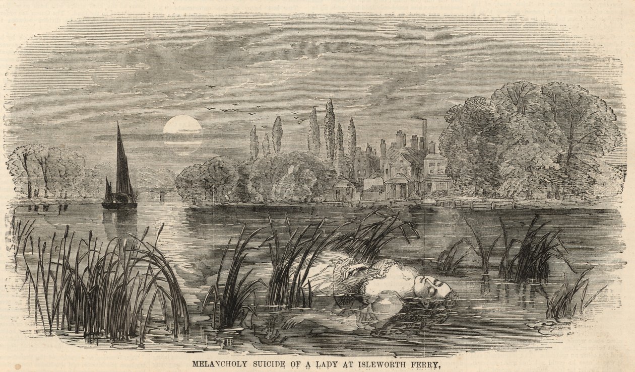 Melancholische zelfmoord van een dame bij Isleworth Ferry (gravure) door English School