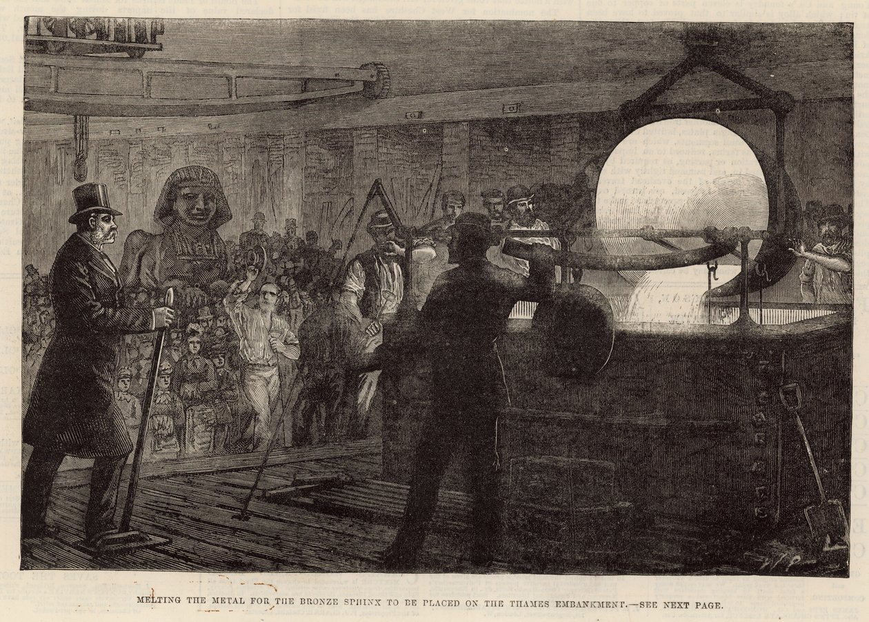 Het smelten van het metaal voor de bronzen sfinx die op de Thames Embankment wordt geplaatst (gravure) door English School