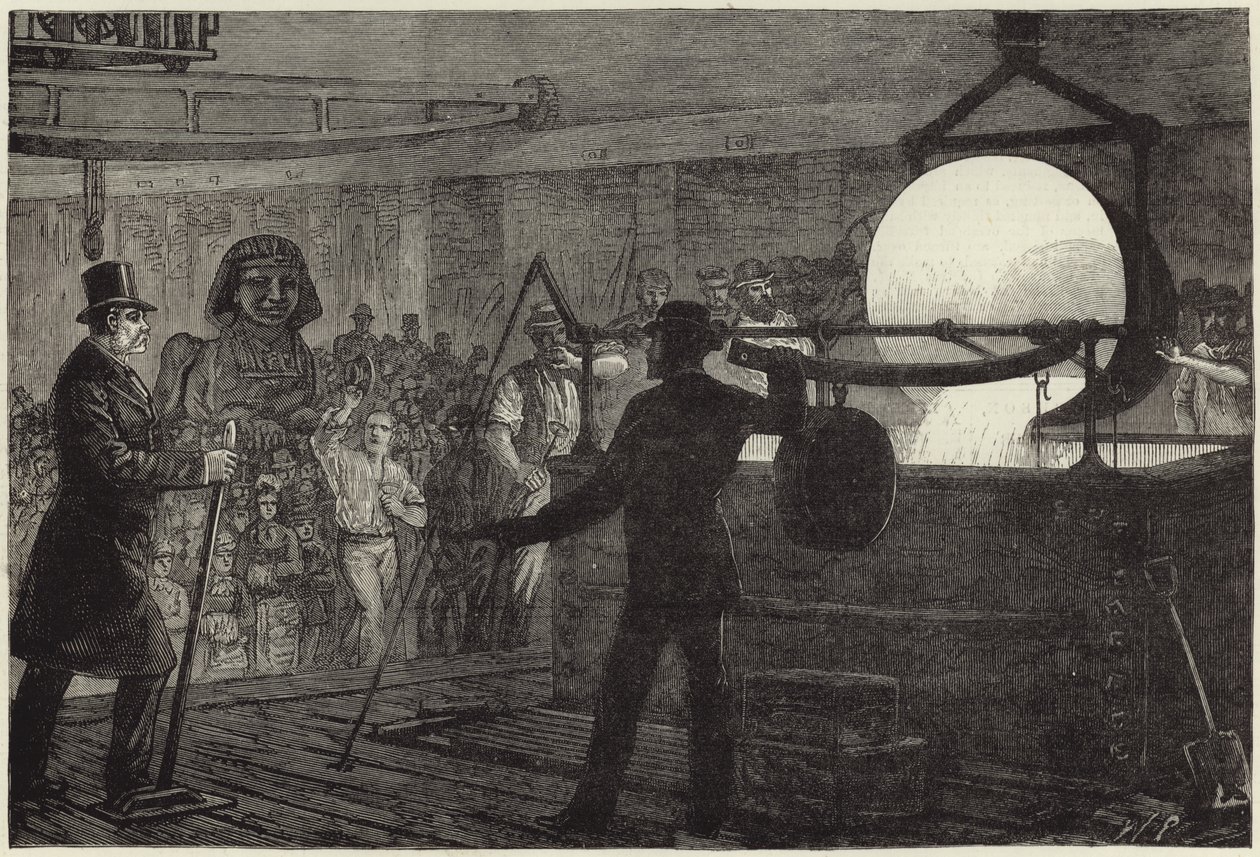 Het smelten van het metaal voor de bronzen sfinx die op de oever van de Theems wordt geplaatst (gravure) door English School