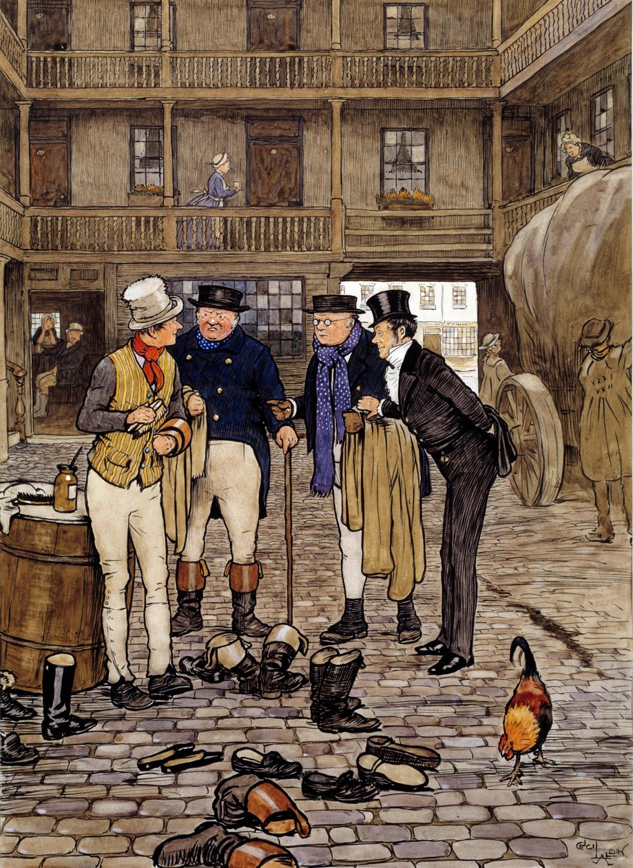Leden van de Pickwick club ontmoeten Sam Willer Illustratie van de werken van Charles Dickens (1812-1870) uit de Engelse school. 1837 Privécollectie door English School