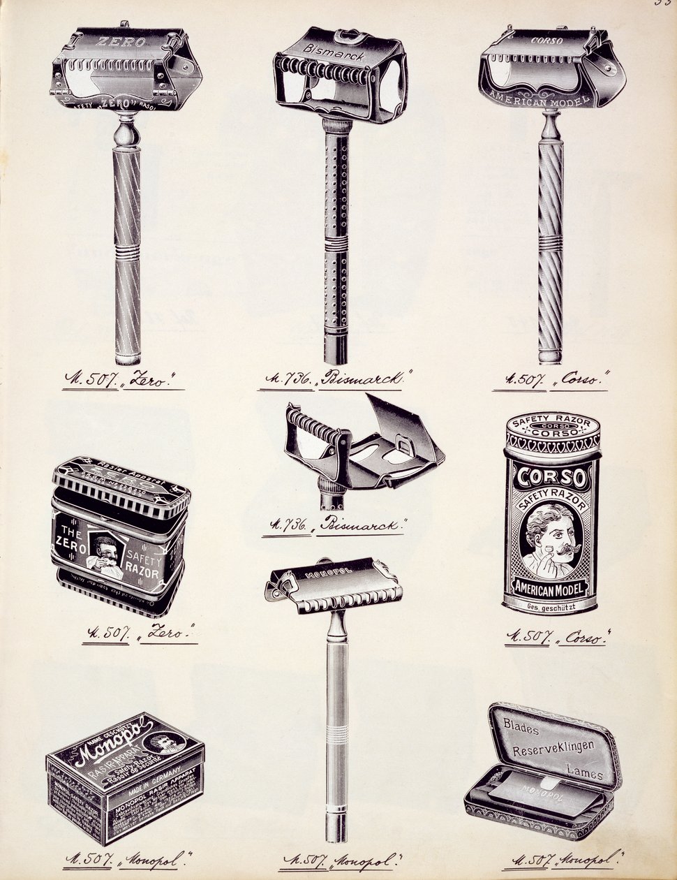 Scheerapparatuur voor mannen, uit een handelscatalogus van huishoudelijke goederen en fittingen, c.1890-1910 door English School