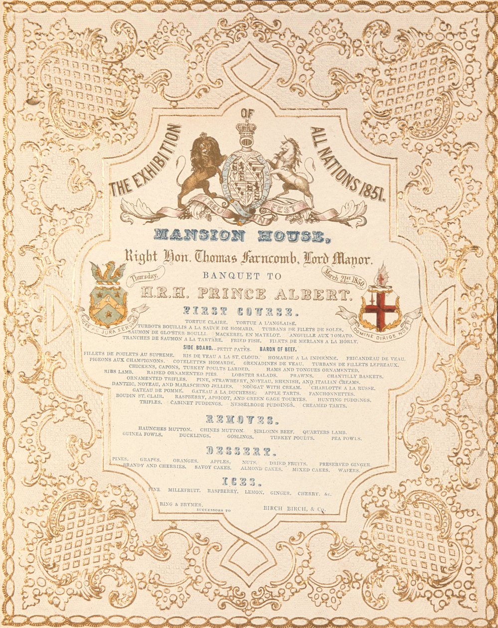 Menu van banket voor Prins Albert in het Mansion House, ter gelegenheid van de Grote Tentoonstelling van Alle Naties, Londen, 1851 door English School
