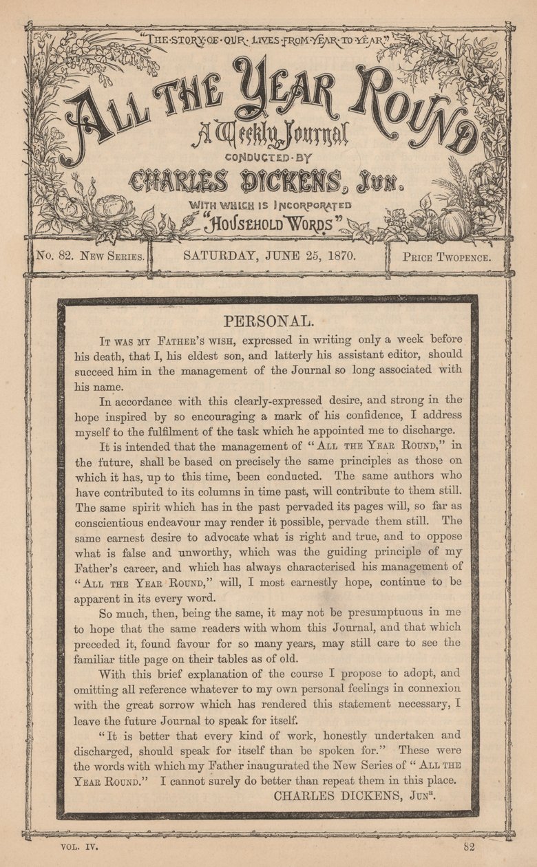 Bericht van Charles Dickens Junior in het weekblad All The Year Round, na de dood van zijn vader door English School