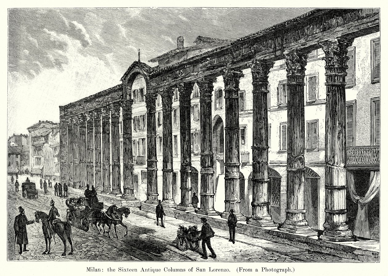 Milaan: de zestien antieke zuilen van San Lorenzo (gravure) door English School
