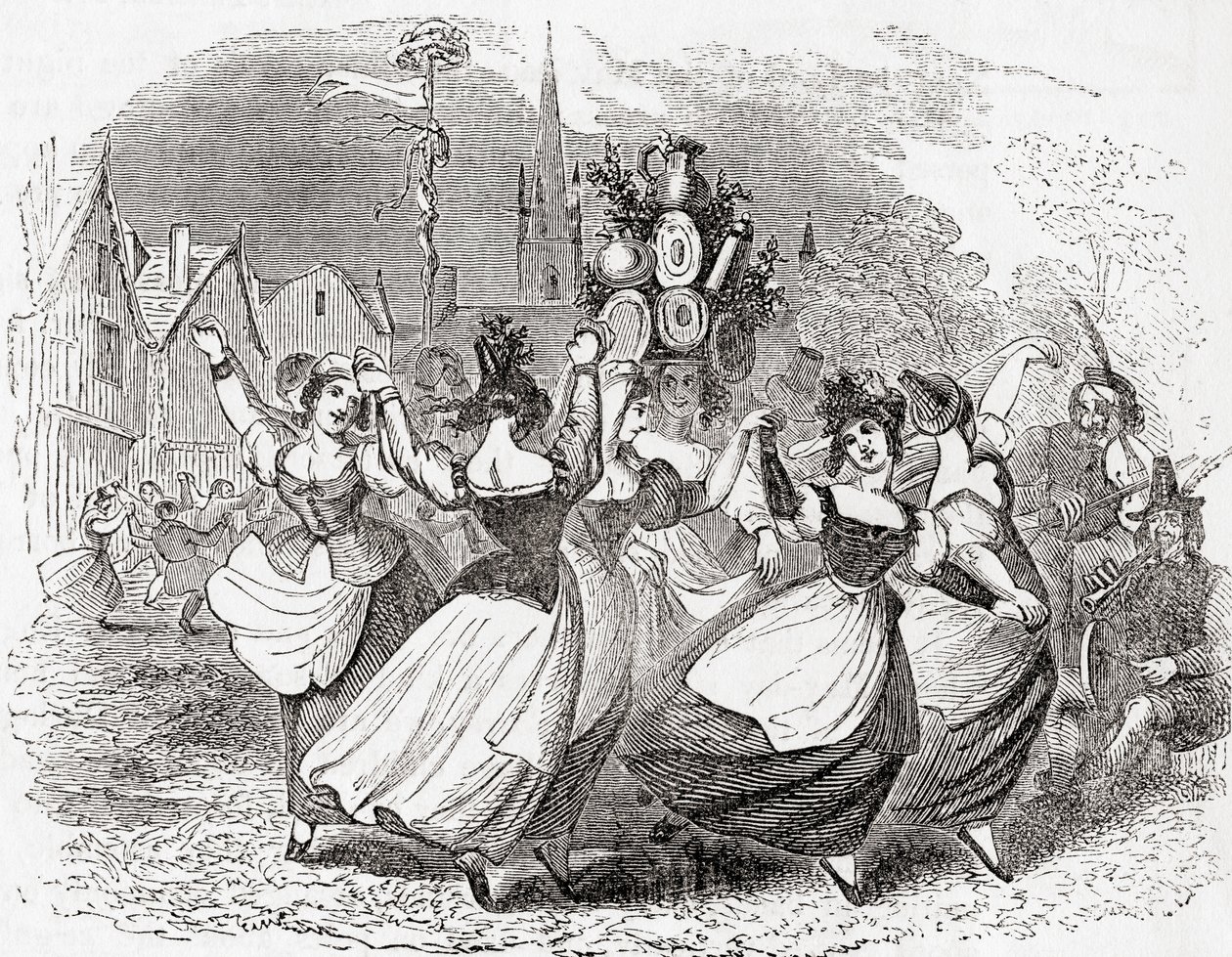 Melkmeisjesdans, met stapel borden, May Day, Engeland, uit Old England: A Pictorial Museum, pub. 1847 door English School