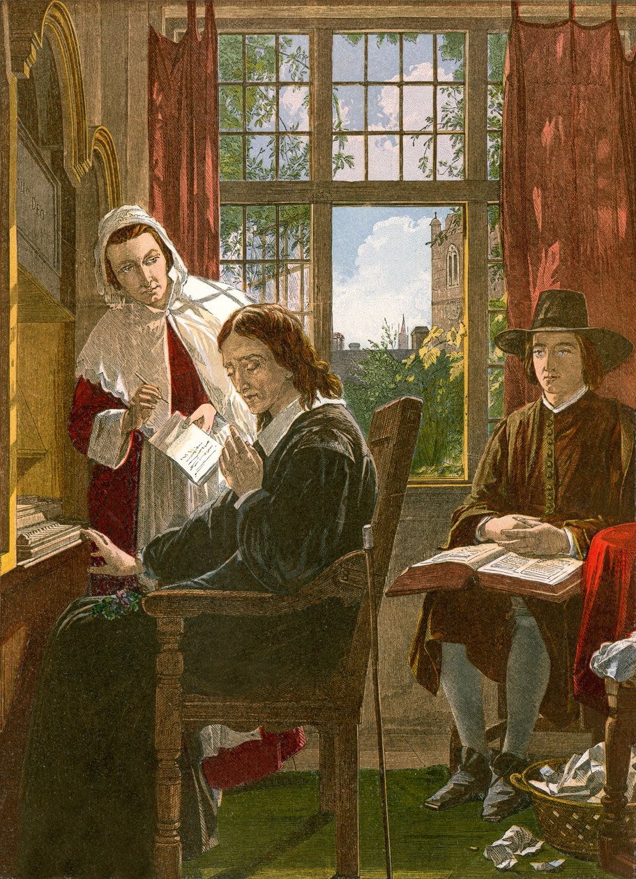 Milton dicteert "Samson Agonistes" (ingekleurde gravure) door English School