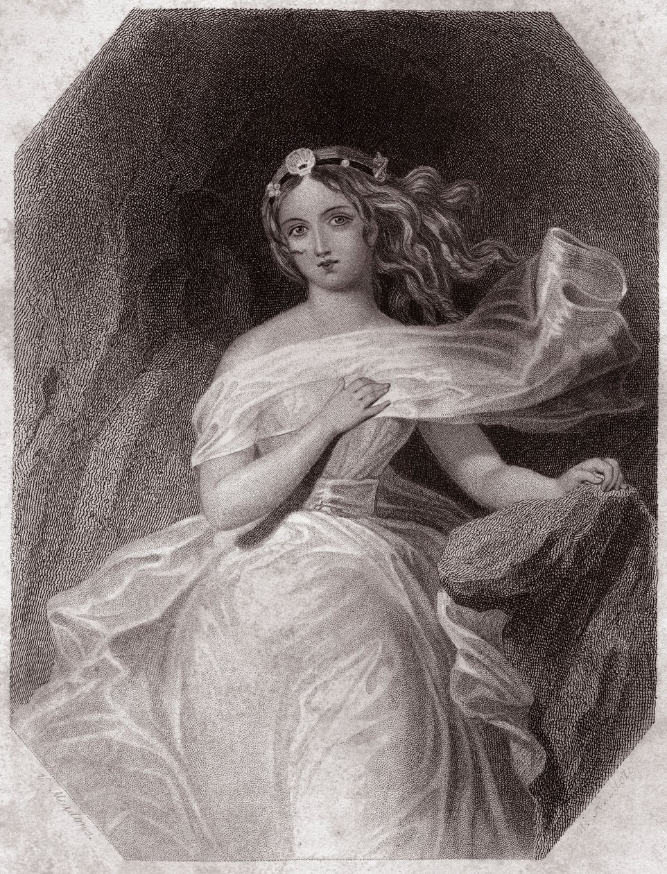Miranda (De Storm) in - "Galerie des femmes de Shakespeare, collectie van vijfenveertig serieuze portretten door de eerste kunstenaars van Londen, verrijkt met kritische en literaire opmerkingen" rond 1838 - uit "Gallery of the women of Shakespeare" door English School