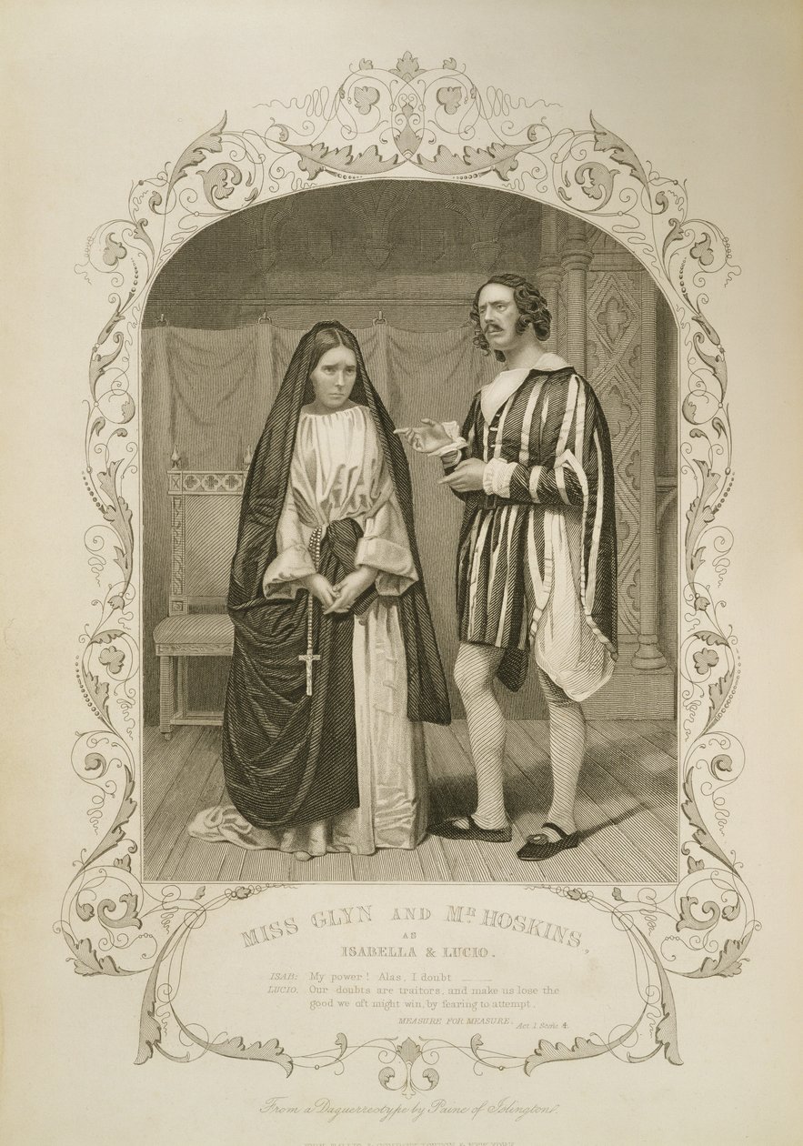 Juffrouw Glyn als Isabella en de heer Hoskins als Lucio, Act I Scene 4, in Maat voor Maat, door William Shakespeare (1564-1616) van een daguerreotypie door Paine van Islington door English School