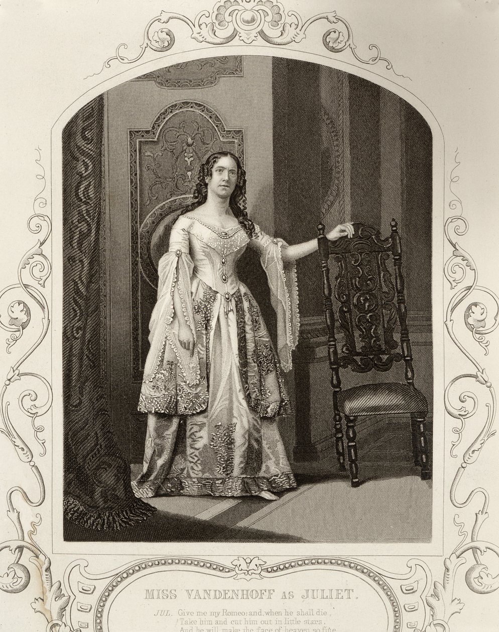 Miss Vandenhoff als Julia, Act III Scene 1 van Romeo en Julia, van een daguerreotype, uitgegeven door John Tallis & Co. door English School