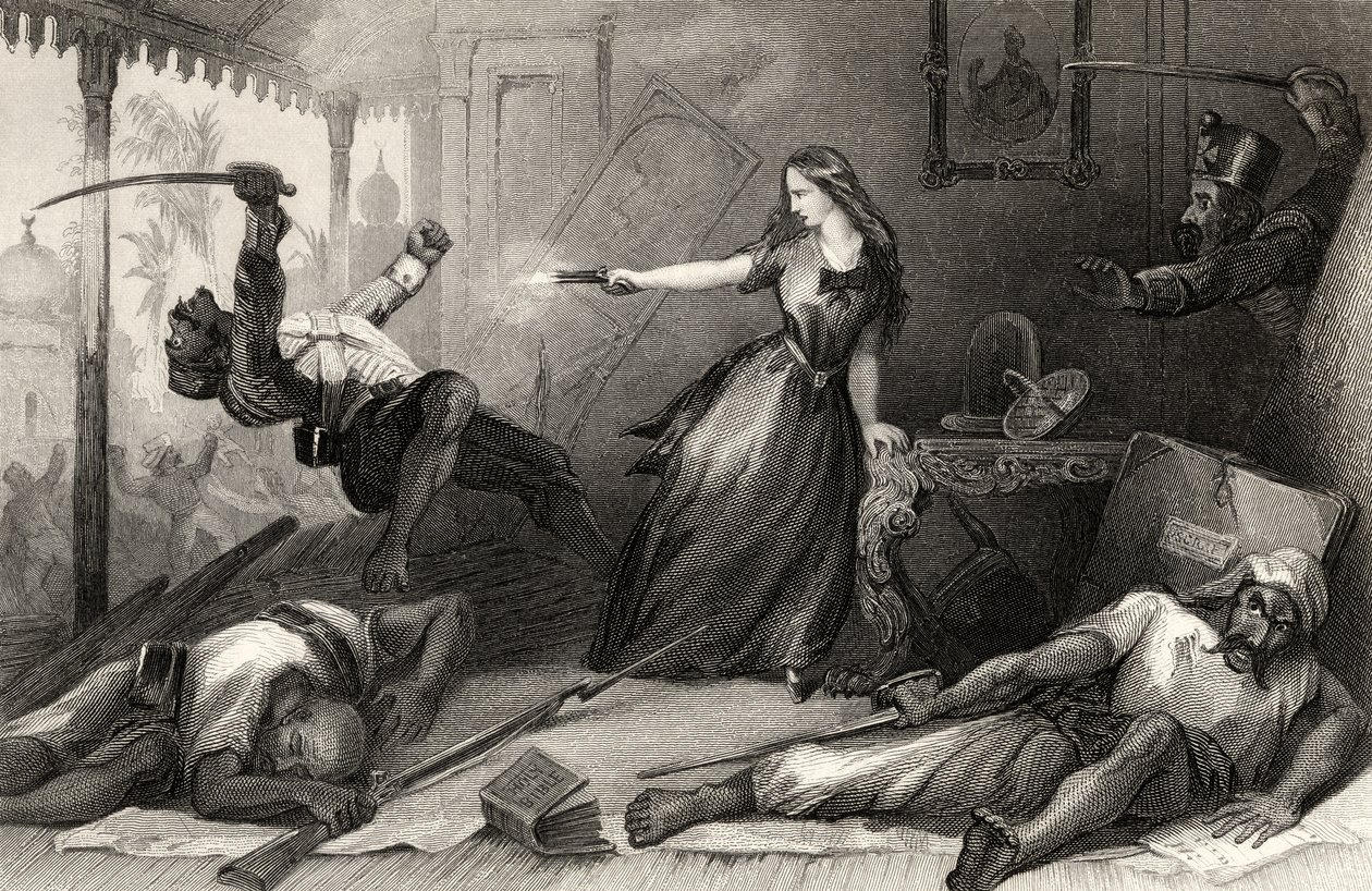 Miss Wheeler die zichzelf verdedigt tegen Sepoys in Cawnpore in 1857, uit 