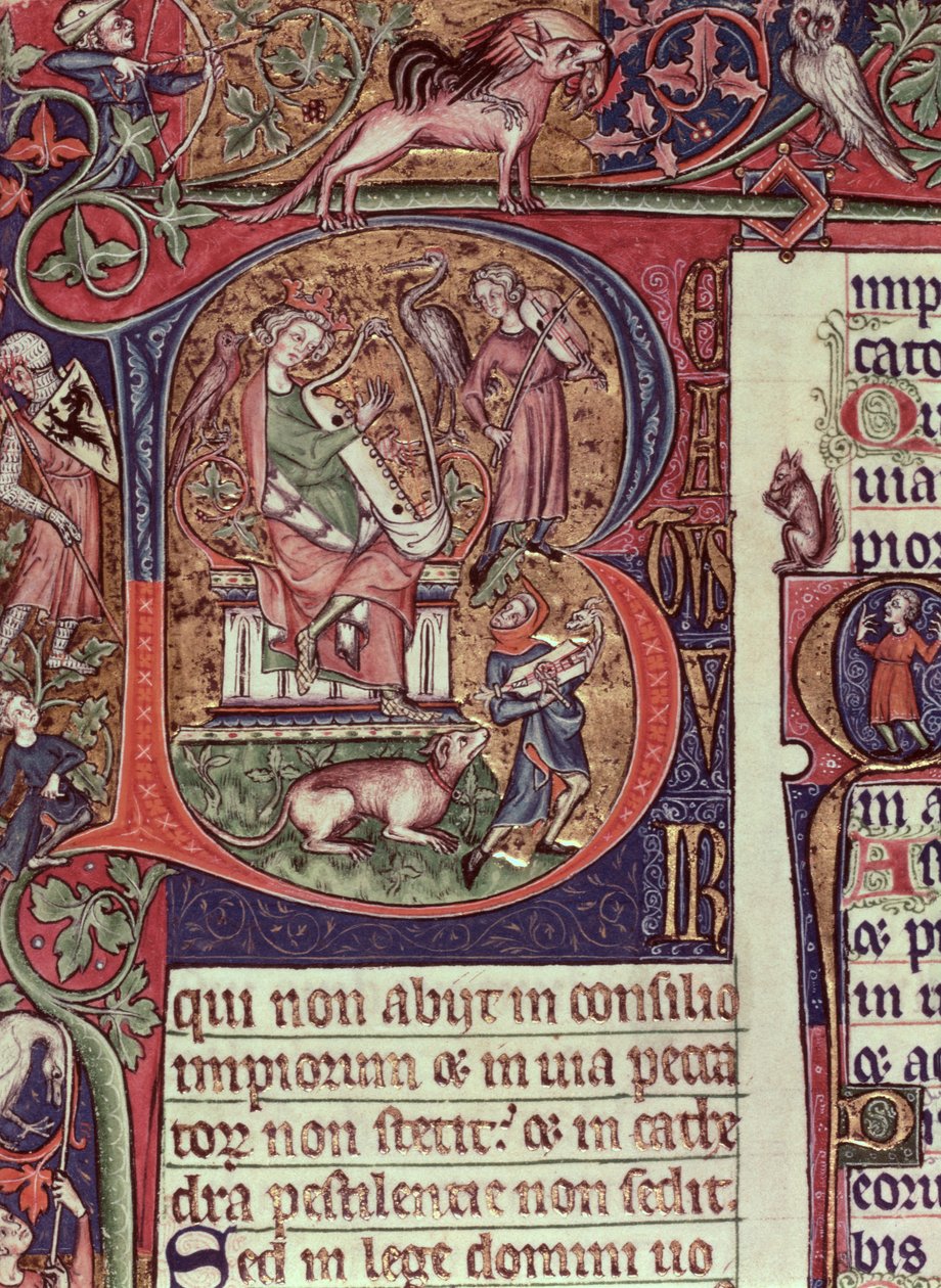 Mms 9961-2 Historiated Initial B uit de Peterborough Psalter met een afbeelding van koning David die de harp bespeelt, Engels, c.1310-20 door English School
