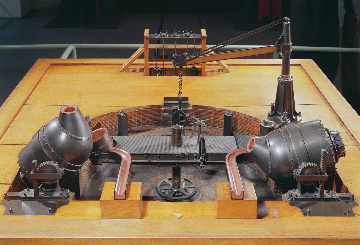 Model van de convertor uitgevonden door Henry Bessemer in 1855 door English School