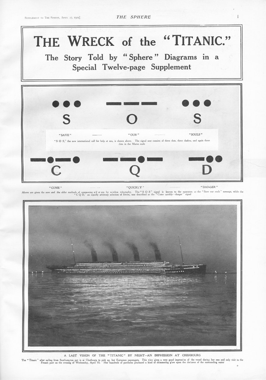 Morsecode signalen en illustratie van het stoomschip aangemeerd in Cherbourg 