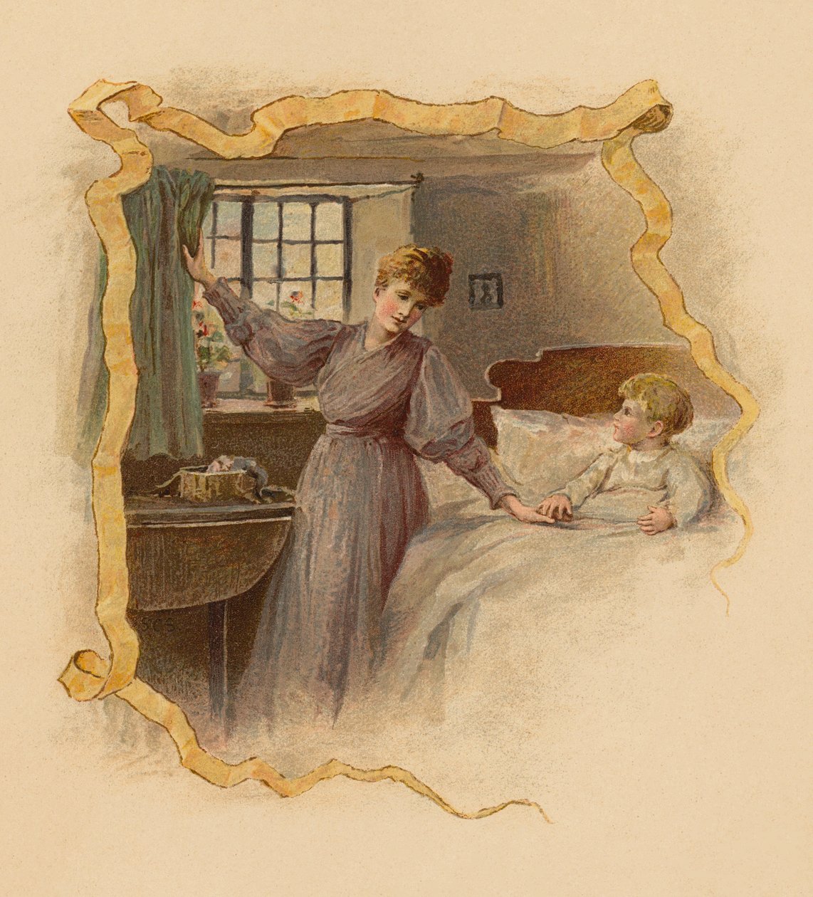 Moeder wekt haar zoon in de ochtend (chromolitho) door English School