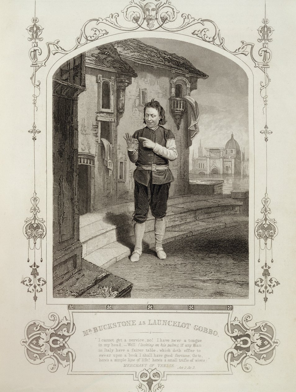 De heer Buckstone als Lancelot Gobbo, Act II Scene 2, in De Koopman van Venetië door William Shakespeare (1564-1616) door English School