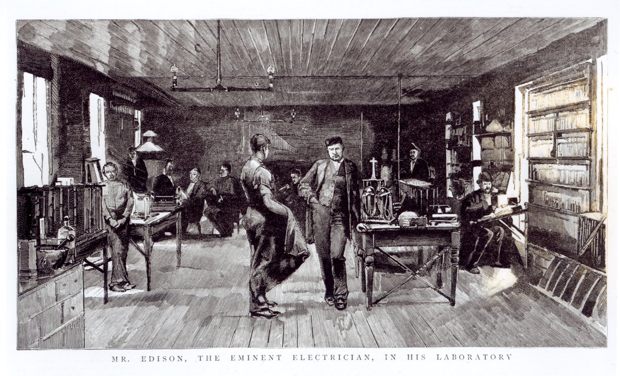 De heer Edison (1847-1931), de eminente elektricien, in zijn laboratorium door English School