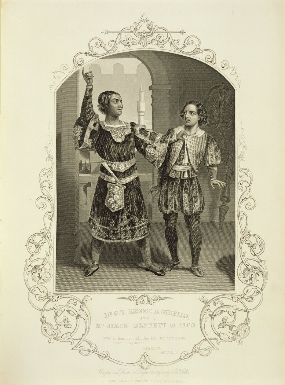 De heer G. V. Brooke als Othello en James Bennett als Iago, Act III Scene 3, in Othello door William Shakespeare (1564-1616) door English School