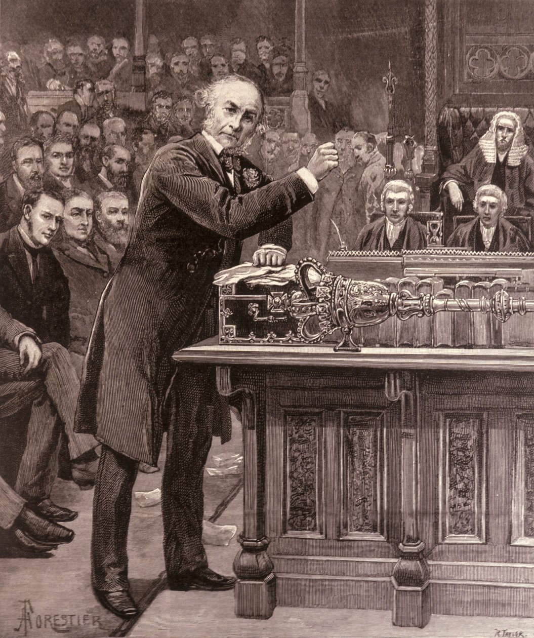 Mr. Gladstone legt zijn plan voor de regering van Ierland uit aan het Lagerhuis, uit 