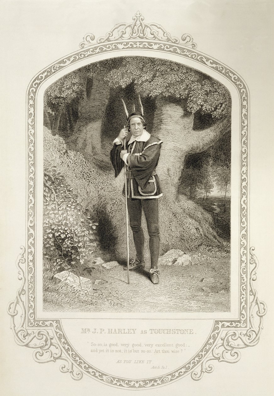 De heer J.P. Harley als Touchstone, Act V Scene 1, in Zoals u het wilt door William Shakespeare (1564-1616) gegraveerd door George Hollis (1792-1842) van een daguerreotypie door J.P. Mayall (1810-1901) door English School