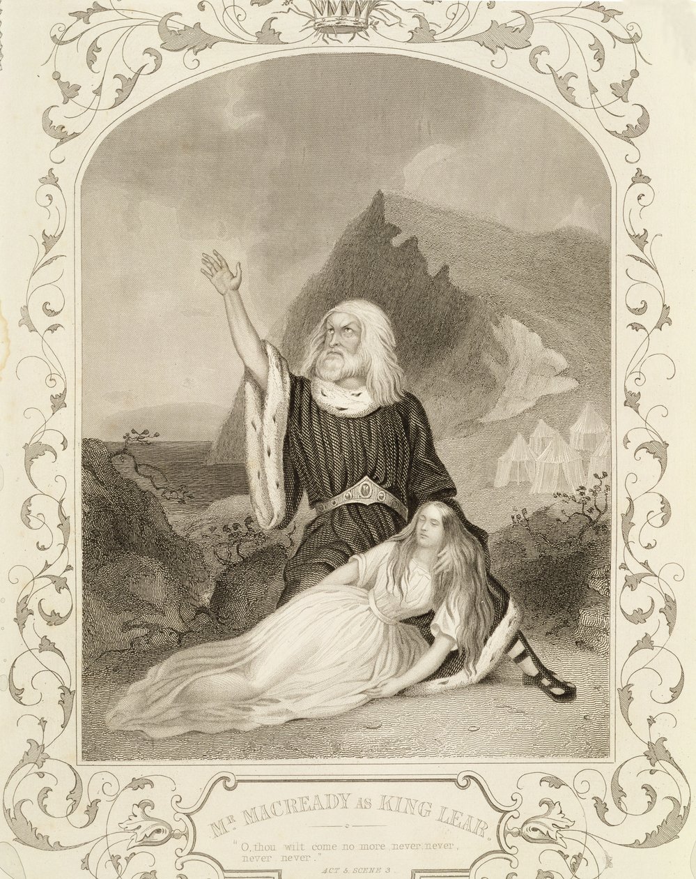De heer Macready als Koning Lear, Act V Scene 3, in het toneelstuk door William Shakespeare (1564-1616) door English School