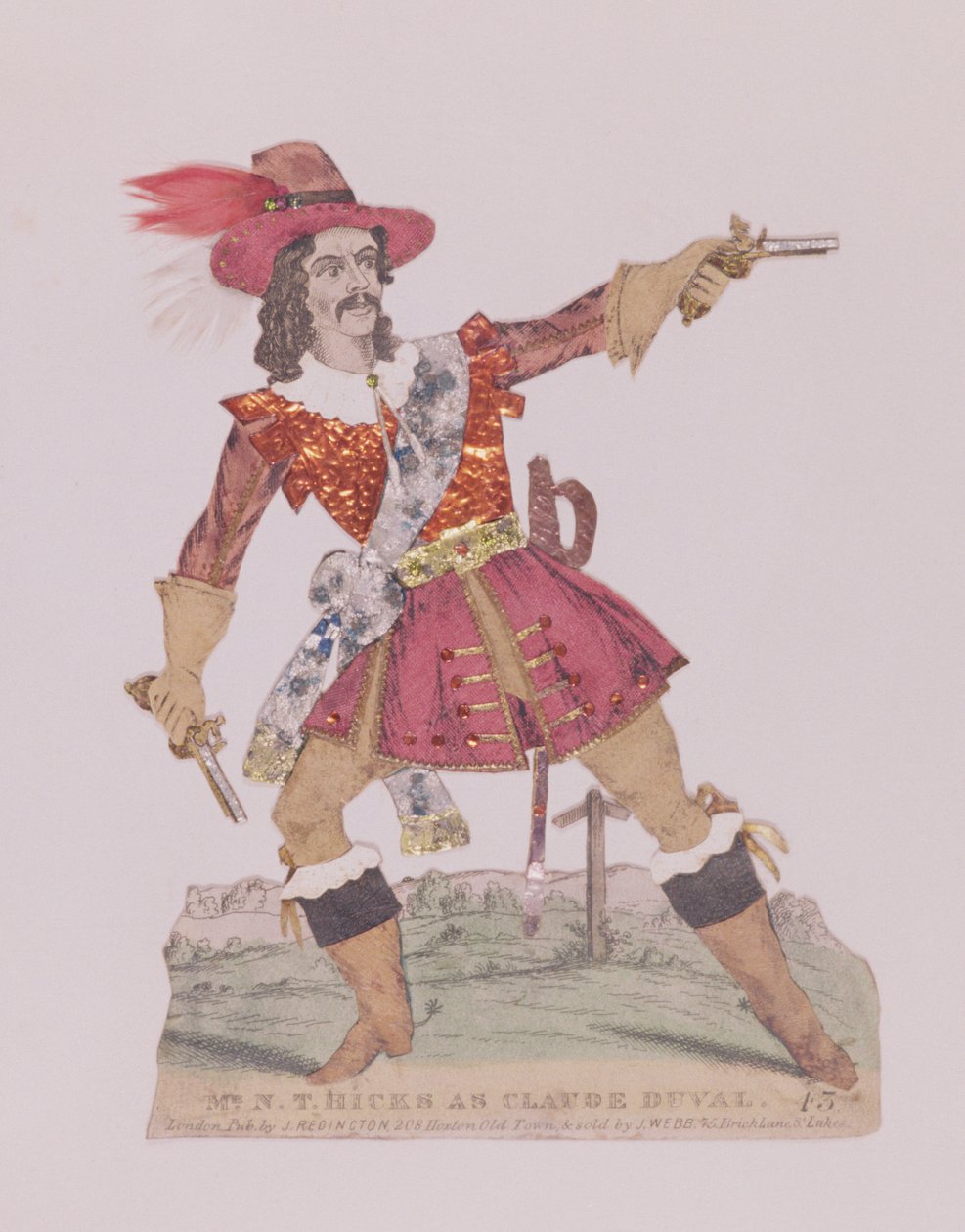 De heer N.T. Hicks in de gedaante van de Franse struikrover Claude Duval (1643-70) (gravure en collage) door English School
