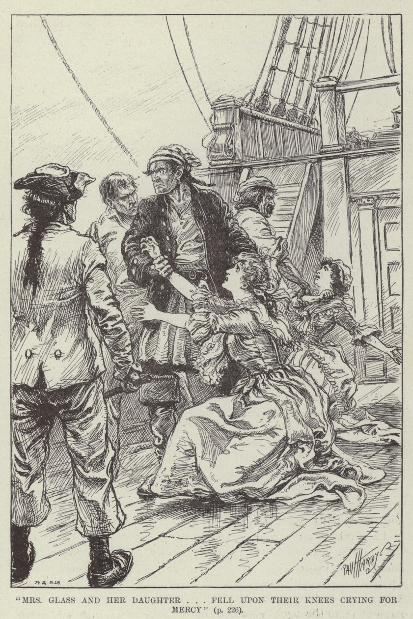 "Mevrouw Glass en haar dochter vielen op hun knieën en riepen om genade" (gravure) door English School