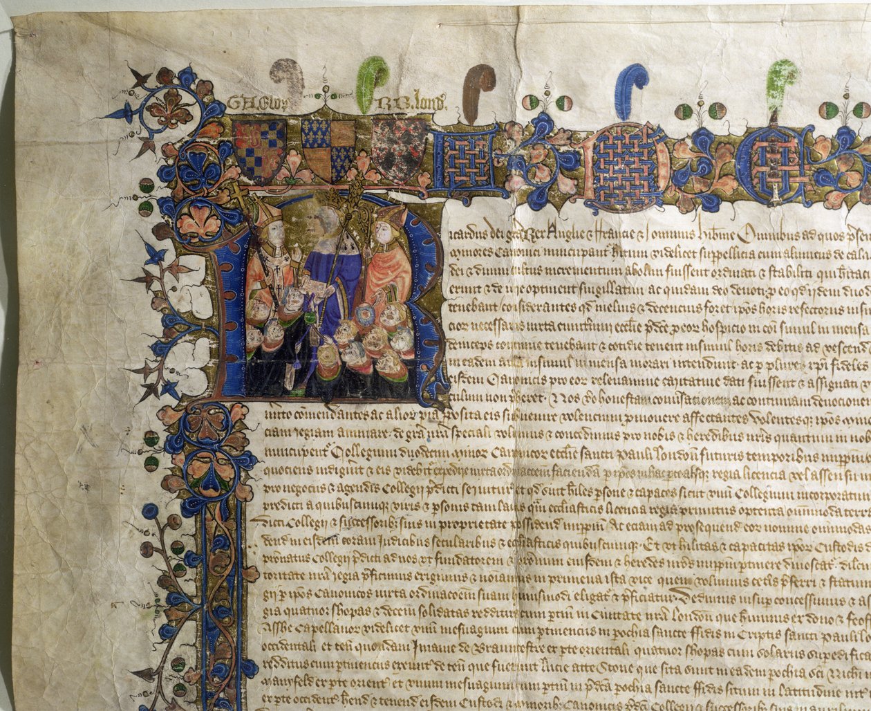 Ms.29410 Geïllustreerde initiaal R met minderjarige kanunniken van de St. Pauls Cathedral, detail van het Koninklijk Handvest van Incorporatie door English School