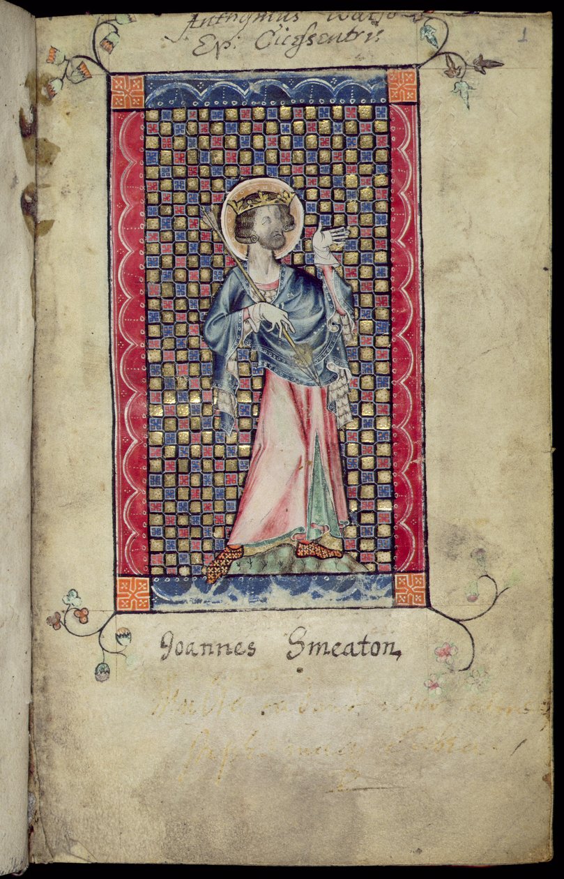 Ms 1-2005, f.1r: St. Edmund, miniatuur uit de Macclesfield Psalter, Gebruik van Sarum, Oost-Anglia, c.1330 door English School