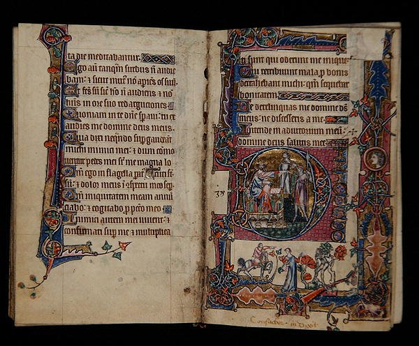 Saul stuurt Doeg om de priesters van Nob te doden, gehistorieerde initiaal uit de Macclesfield Psalter, Gebruik van Sarum, Oost-Anglia, c.1330 door English School