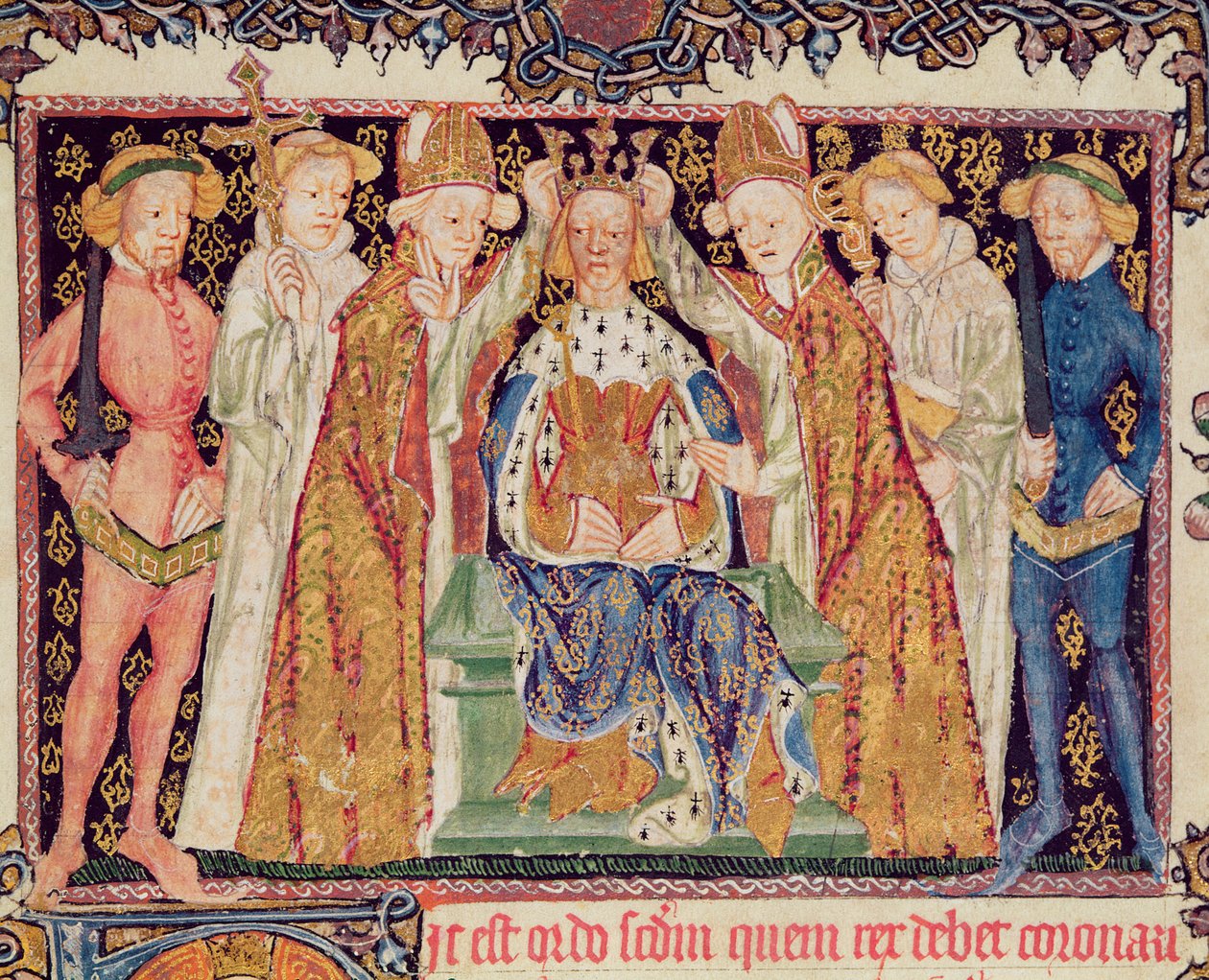 Ms 197 f.3r Kroning van een koning, uit Liber Regalis door English School