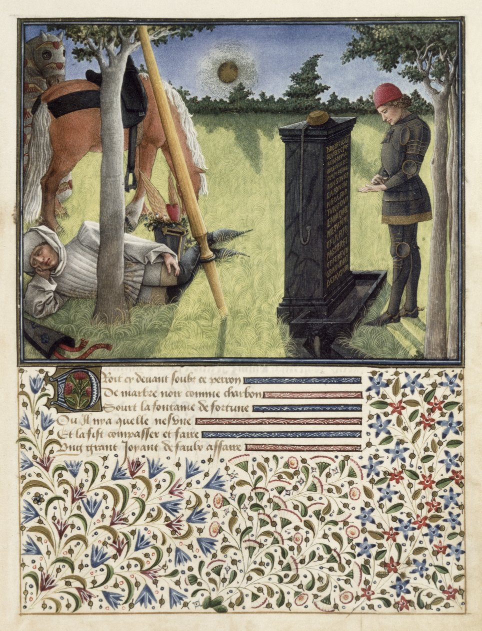 Ms. 2597 Bij zonsopgang leest Hart de inscriptie op de Betoverde Fontein, facsimile editie van Livre du Coeur d