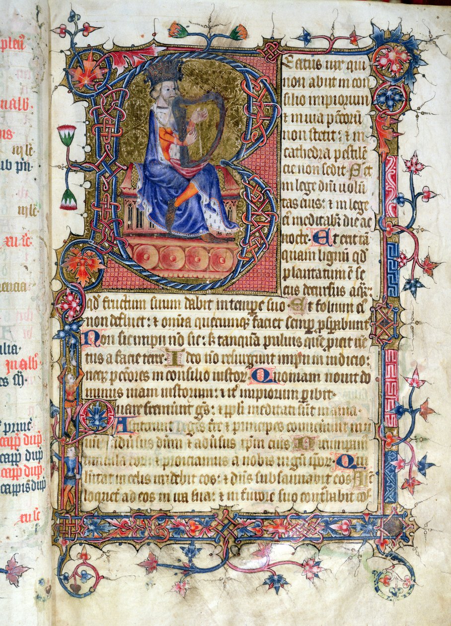 Psalm 1, David speelt harp, uit de Ramsey Abbey Psalter, ca.1380 door English School