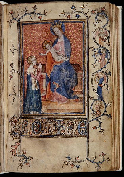 Ms 48, f.86r: De eigenaar van het manuscript bidt tot de Maagd en het Kind, uit de Carew-Poyntz Getijden, Gebruik van Sarum, c.1390-1400 door English School