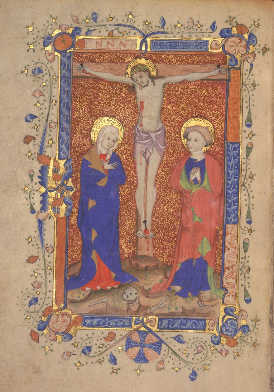 Ms 515 fol.108r Kruisiging met St. Maria en St. Johannes de Doper, uit het Missaal van St. Botolph Aldersgate, c.1420-30 door English School