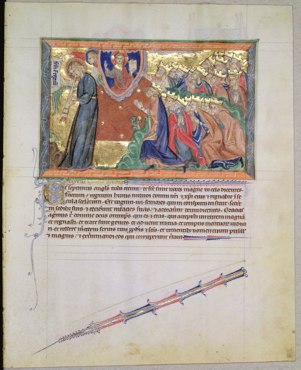 De 7e engel blaast op zijn trompet en de 24 Ouderen aanbidden God, uit de Gulbenkian Apocalyps, c.1265-70 door English School
