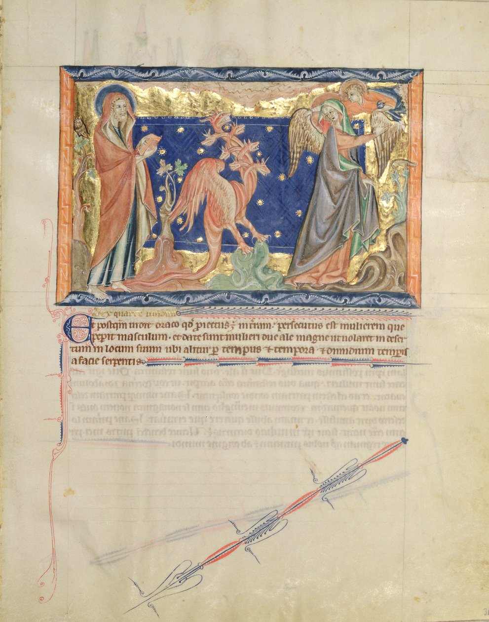 St. Johannes ziet een engel de vrouw helpen ontsnappen aan de rode draak, uit de Gulbenkian Apocalyps, c.1265-70 door English School