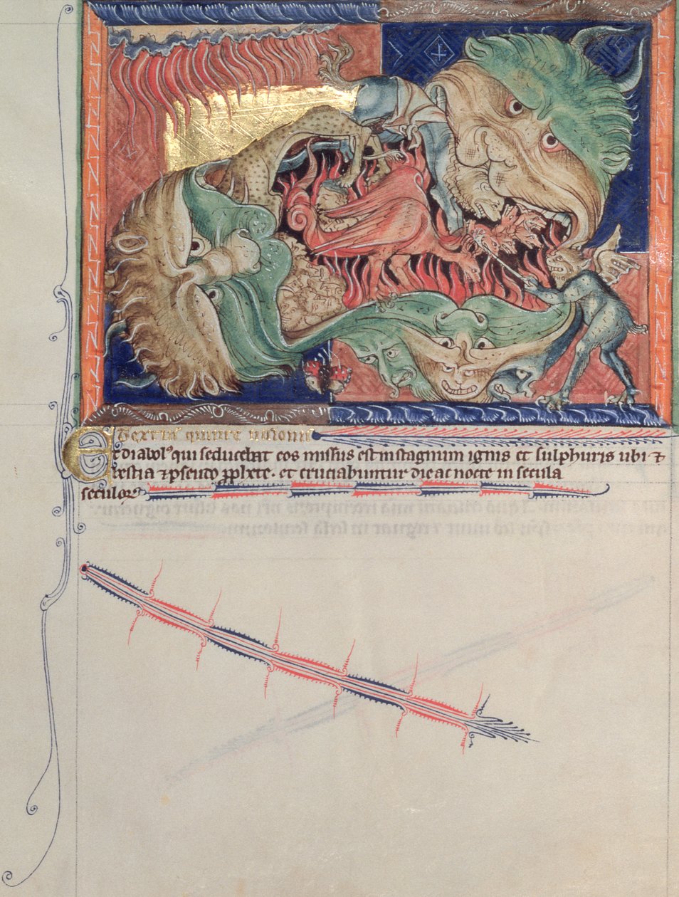 De kaken van de hel slikken de rode draak, het beest van de zee en het beest van de aarde in, uit de Gulbenkian Apocalyps, c.1265-70 door English School