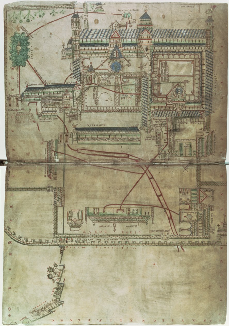 Plan van de kathedraal van Canterbury en het loodgietersysteem, uit de 